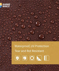 Close-up of waterproof droplets on brown fabric of Brown Green 24x24 Ft Tarp 7 Mil Medium Duty Outdoor Waterproof Poly Cover for Weatherproof Yard Gear and Projects, Multi Purpose Sheeting with Heat Sealed Seams, Rope Hem, Rustproof Aluminum Grommets Every 3 Feet, Reusable highlighting waterproof feature