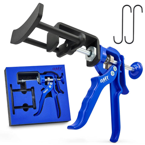 Dual Piston Brake Caliper Compressor Tool for Fast Pad Replacement shown with blue handle and packaging.