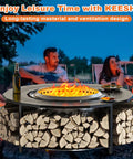 Group enjoying evening around 48 Inch Fire Pit Surround Tabletop With Cover For Yukon Bonfire And Ranger Pits, Tiki Compatible.