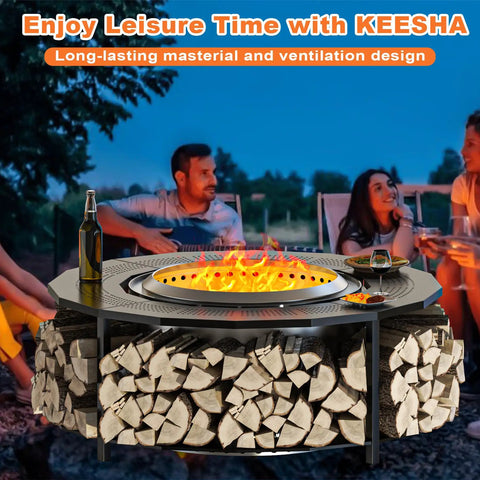 Group enjoying evening around 48 Inch Fire Pit Surround Tabletop With Cover For Yukon Bonfire And Ranger Pits, Tiki Compatible.