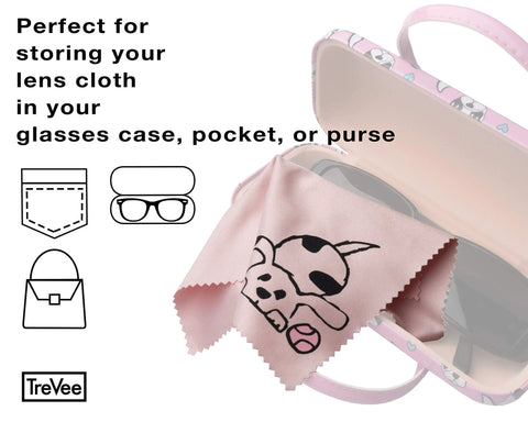 TreVee microfiber cleaning cloth, pink dog-design, 6x6 in, 10-pack; shown with pink glasses case.