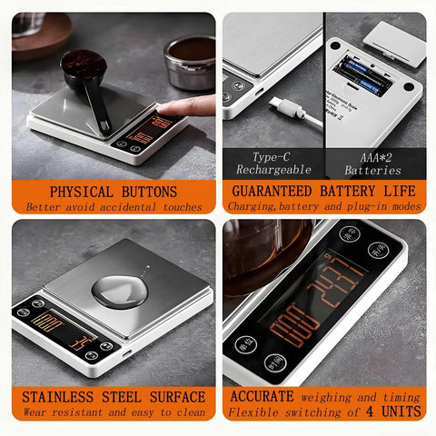 Compact Portable Coffee Scale With Timer 3kg 0.1g High Precision Espresso Scale Rechargeable Auto Tare 3 Timing Modes 4 Unit Options Smart Water Flow Perfect For Home Baristas And Outdoor Brew Sessions Orange with USB-C cable and physical buttons