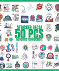 Science Party Favor Bundle With Drawstring Bags, Silicone Bracelets, Pins And Stickers, 50 science-themed stickers displayed.