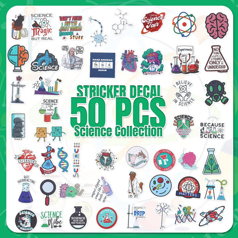 Science Party Favor Bundle With Drawstring Bags, Silicone Bracelets, Pins And Stickers, 50 science-themed stickers displayed.