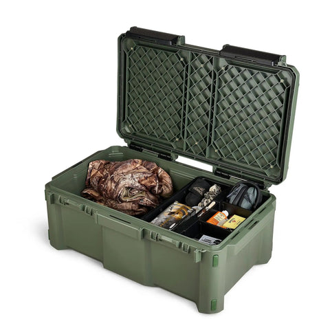 GoNow Box Waterproof Gear Storage Heavy Duty Outdoor Utility Container with tray and dividers for tools and accessories open view.