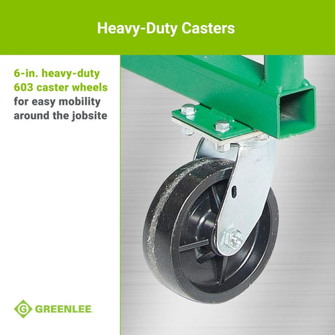 Heavy Duty Mobile Conduit And Pipe Rack Featuring Badass Seven Bin Jobsite Organizer With Hella Smooth Swivel Casters Fully Foldable Stackable Setup For Crews showing close-up of 6-inch heavy-duty caster wheels.