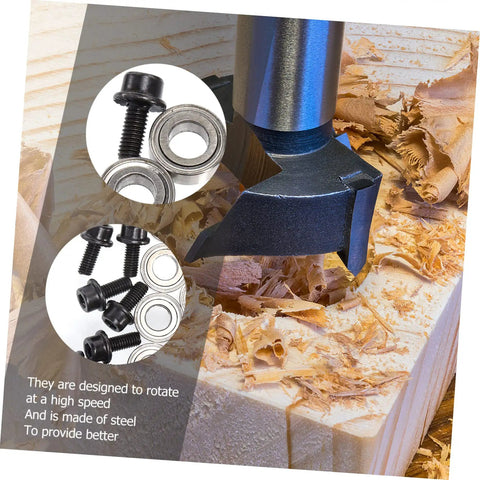 Top Mounted Router Bit Bearings Kit for Woodworking Milling Cutters Replacement Ball Bearings Guide Id Od Pro Grade Steel Construction for Low Noise DIY Friendly Install shown on wood surface with shavings.