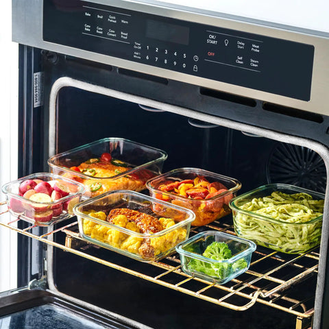 24 Piece Glass Food Storage Set with Airtight Lids and Leakproof BPA Free Containers in oven