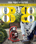 Knockout Heavy Duty Electric Drain Auger With 75 Foot Steel Core Cable, features four cutter shapes for effective clog removal.