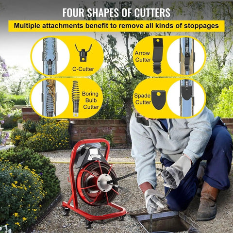 Knockout Heavy Duty Electric Drain Auger With 75 Foot Steel Core Cable, features four cutter shapes for effective clog removal.