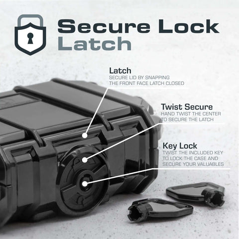 Micro Waterproof Dry Box Case Yellow IP67 Lockable Hard Shell Container With Carabiner Loop For Earbuds PLB Iems And Small Medical Devices Usa Made Mil Spec Tough As Nails Build Built Different Rugged Polycarbonate Protection Lifetime Warranty showing secure lock latch with twist key feature.
