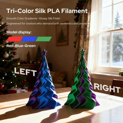 Tri-Color Silk PLA filament models in red, blue, green on table, showcasing Triple Color Gradient Silk PLA Filament 1.75mm For Ender 3 V2 And More.