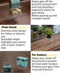 Expandable Slim Camping Rack Foldable Gear Shelf for Tent, Car, and RV Camping with coolers and plants, stackable stainless steel design.