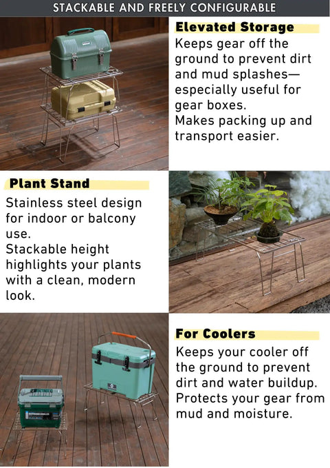 Expandable Slim Camping Rack Foldable Gear Shelf for Tent, Car, and RV Camping with coolers and plants, stackable stainless steel design.