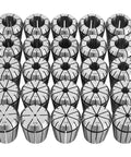 Premium 25 Piece Er32 Spring Collet Set With 1/16 To 13/16 Inch Clamping Range arranged in rows showing various sizes.