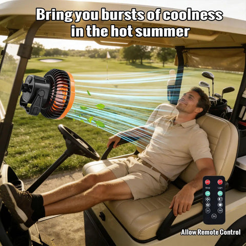Magnetic Golf Cart Fan With Rechargeable Portable Build And Top Notch Airflow To Keep You Crisp Out On The Links mounted inside a golf cart.