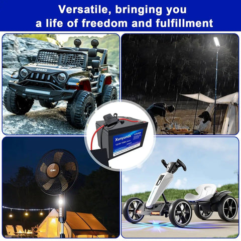 12V 15Ah LiFePO4 Battery With BMS in use with power wheels, camping gear, fan, and go-kart, showcasing versatility and durability.
