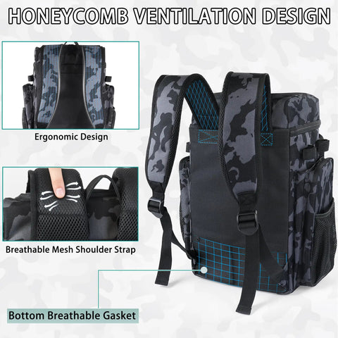 Back view of Heavy Duty Fishing Tackle Backpack With Rod Holders And 45L Large Capacity Gear Bag in Camouflage 900D Polyester highlighting ergonomic straps and ventilation design.