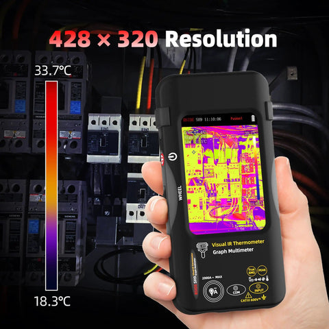 Hand holding Dual Light Fusion Thermal Imager Multimeter Pro Grade With Date Recorder, 428x320 IR Resolution, 20000 Count Digital Meter