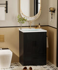 24 Inch Bathroom Vanity With Sink In Pure Black, modern floor standing dressing table with gold faucet and drawers.