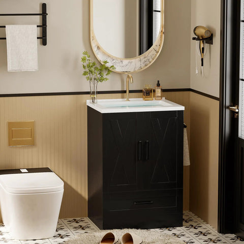 24 Inch Bathroom Vanity With Sink In Pure Black, modern floor standing dressing table with gold faucet and drawers.