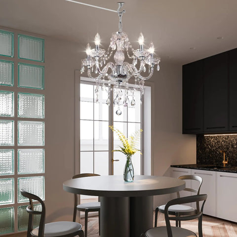 Five Light Crystal Pendant Chandelier With Acrylic Beads, Plug In Pendant Lights over round table in kitchen, clear cord visible