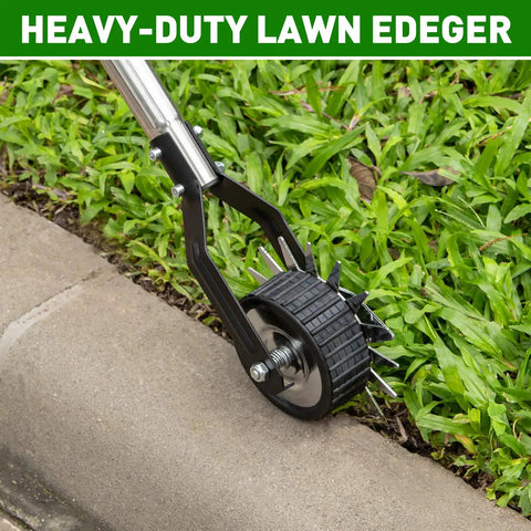 Heavy Duty Rotary Wheel Lawn Edger With Adjustable 23.6 To 67 Inch Length, Stainless Steel Handle And Sharp Serrated Blades in use on sidewalk.