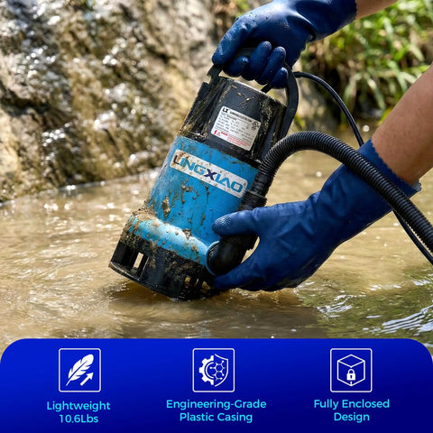1/2 HP Submersible Trash Pump with thermoplastic body delivers 2370 GPH high flow sewage water removal for basements sumps wells