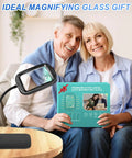 Couple holding Ultra Large Magnifying Glass with Light and Stand for reading and crafts, gift box on couch