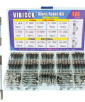 Fast Burning Glass Fuse Kit 275 Pieces With 15 Values 6x30mm And 5x20mm Fuses 250V displayed with box and fuses