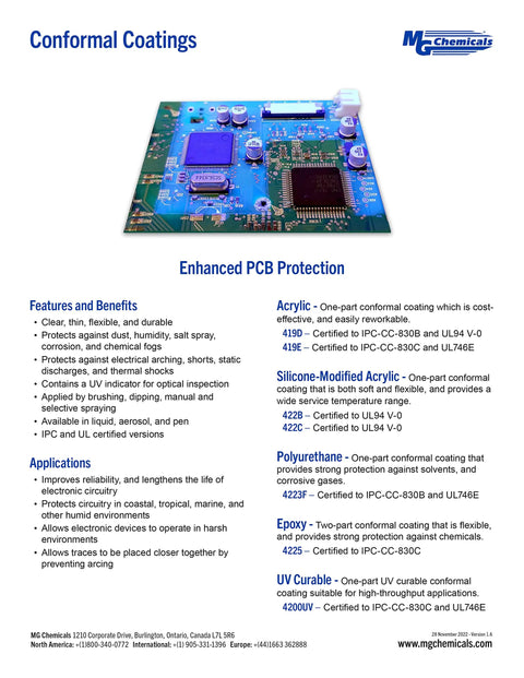 Silicone Conformal Coating 422C information sheet featuring PCB protection details and specifications.