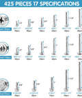 Image showing 425 pieces of 410 Stainless Steel Self Tapping Screws For Metal, Size 8 and Size 10, with flat, truss, and hex heads.