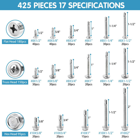 Image showing 425 pieces of 410 Stainless Steel Self Tapping Screws For Metal, Size 8 and Size 10, with flat, truss, and hex heads.
