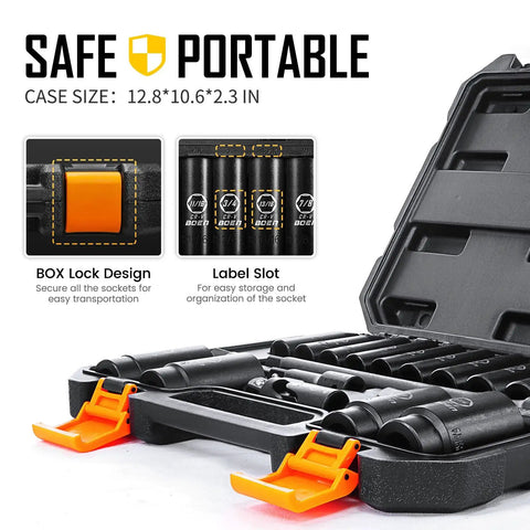 Half Inch Drive Deep Impact Socket Set 19-Piece Workhorse Cr-V Steel in portable case with lock design and label slots.