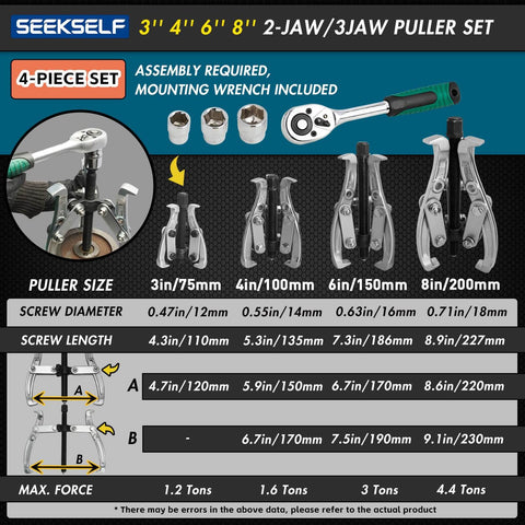 Heavy Duty Gear Puller Set With 2 Jaw And 3 Jaw Options, Ratchet Wrench And Sockets, CrV Steel, 3-8 Inch Sizes, Tool Assembly Diagram