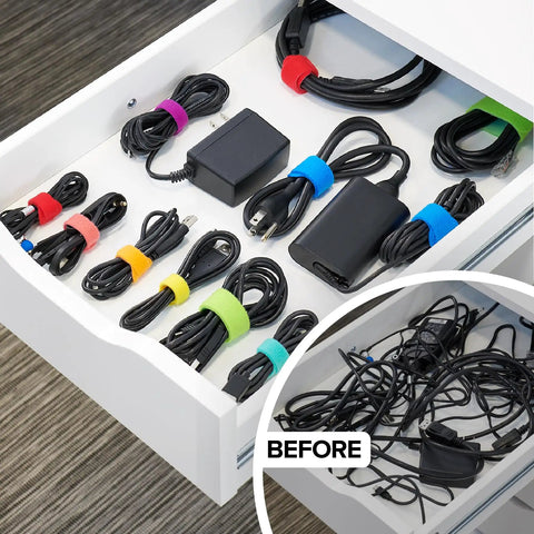 Self-Gripping Cable Ties Set, Multi-Color 40 Pack, Reusable Hook And Loop Cable Wraps For Cord Management, organized desk drawer