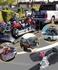Hassle Free Self Retracting Ratchet Straps 12 Foot Automatic Quick Lock Cargo Tie Down Strap Set securing motorcycles on a pickup.