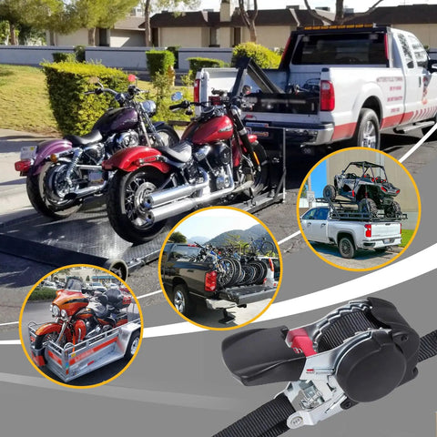 Hassle Free Self Retracting Ratchet Straps 12 Foot Automatic Quick Lock Cargo Tie Down Strap Set securing motorcycles on a pickup.