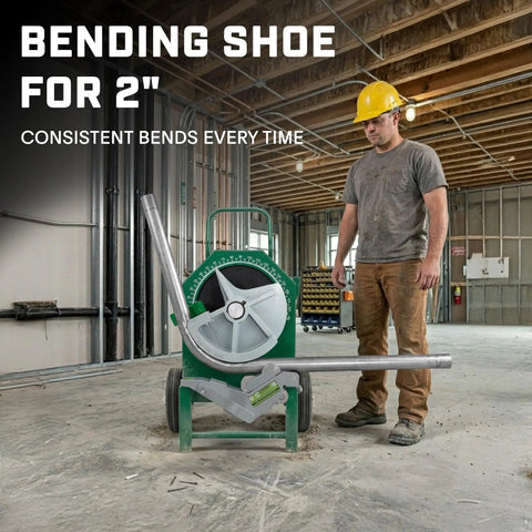 Greenlee And Current Emt Bender Shoe Plus Roller Set For 1.5 Inch And 2 Inch Conduit displayed on site with 2 inch bend in progress.