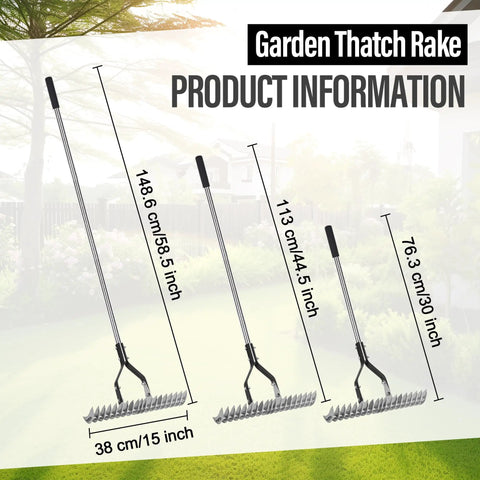 Thatch Rake With 58.5 Inch Adjustable Handle And 15 Inch Steel Head For Lawn Care And Yard Work, Debris Removal, And Thatch Removal