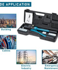 Beefy 16 Ton Hydraulic Crimping Tool For 9 AWG To 600 MCM Copper And Aluminum Wires Kit in open case with applications