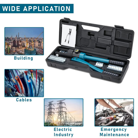 Beefy 16 Ton Hydraulic Crimping Tool For 9 AWG To 600 MCM Copper And Aluminum Wires Kit in open case with applications