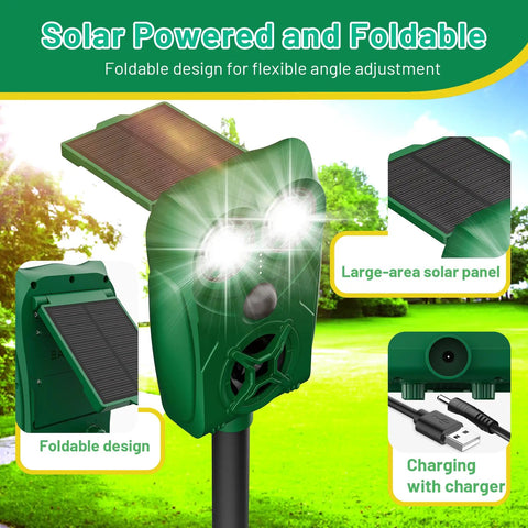 Solar Powered Ultrasonic Animal Repellent With Motion Sensor And LED Flashing Lights For Outdoor Yards Waterproof Device To Repel Deer Coyotes Raccoons And Cats foldable solar panel