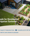Residential garden setup for 9-Station Outdoor Sprinkler Timer With Indoor And Outdoor Locking Cabinet, showing irrigated lawns.