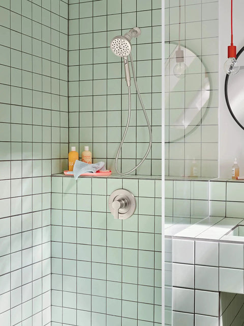 Eco Performance Handheld Shower Head With Magnetix Docking System, 60 Inch Hose, Spot Resistant Brushed Nickel Finish installed in bathroom