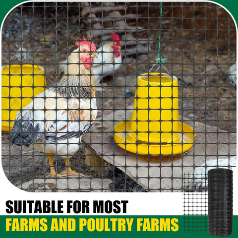 164 Foot Plastic Mesh Fence Roll Reusable Safety Barrier Netting For Construction Animals Garden Pool Snow Fence And Temporary Fencing Solutions Black, showing mesh installed around poultry area with chickens.