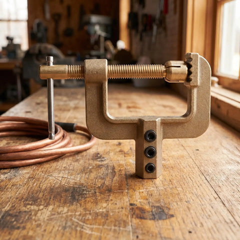 Heavy Duty Ground Clamp For Welders With High Current Transfer And Thickened Copper Contact Design To Stop Rust and strong brass construction on a wooden workbench.