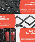 Close-up of foldable wagon cart showcasing durable Oxford fabric, carbon steel frame, and built-in cup holders.