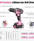 Knockout 20V Cordless Pink Drill Set For Women Rock Solid Power Tool Kit With Rugged Carrying Bag Quick Charge Battery showing features and design.