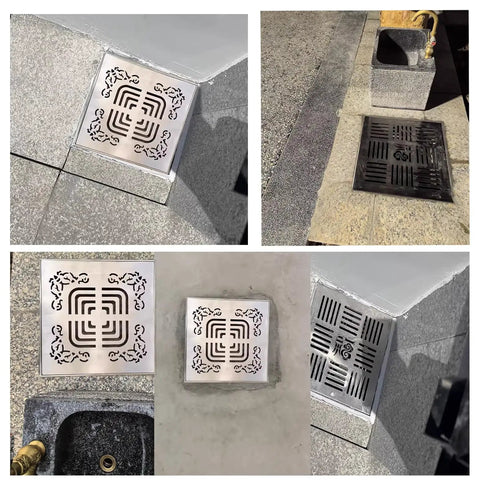 Big Ass Square Stainless Steel Trench Drain Grate With Base Heavy Duty Indoor Outdoor Drain Cover For Bathroom Deck Shower Yard Catch Basin Insert Waterproof Perforated Strainer 23 6 In Wide in various placements.